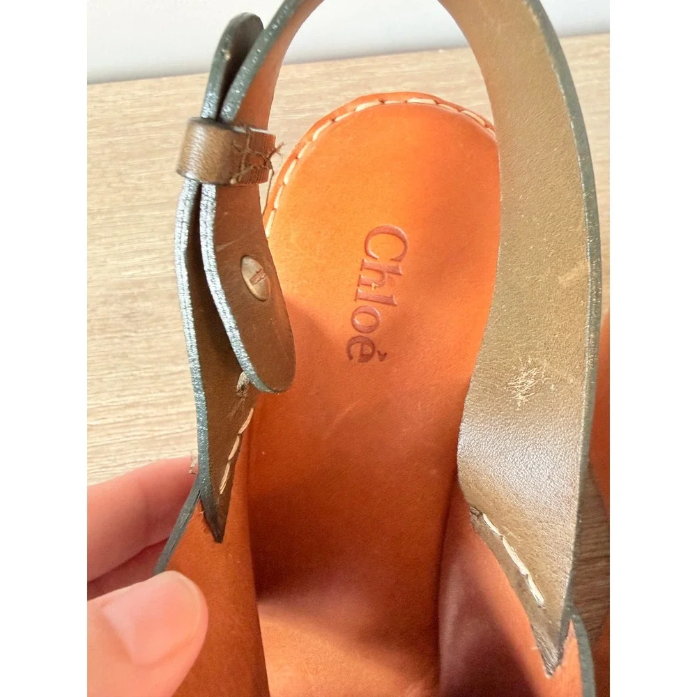 Chloe Platform Wedge Sandals Womens Olive Green Tan Leather Slingback Size 38